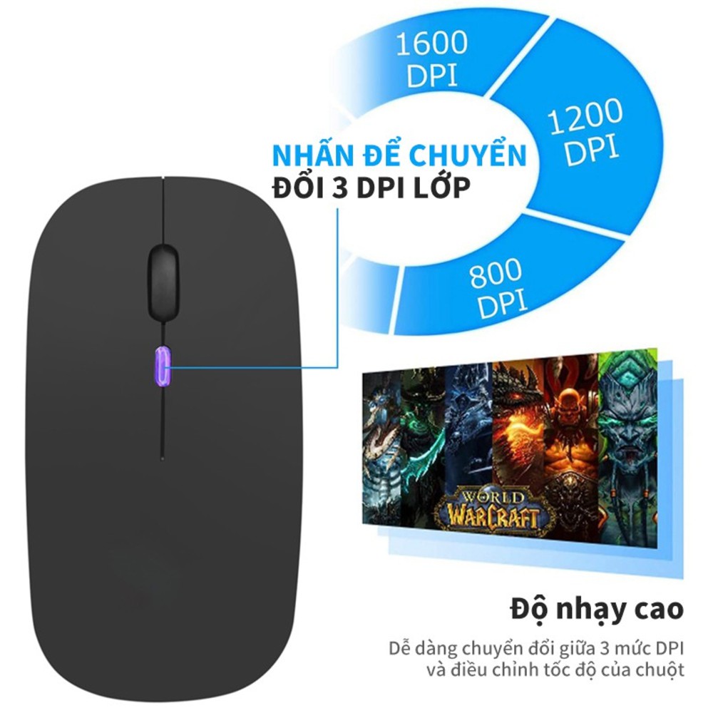 Chuột không dây Bluetooth 2 chế độ kết nối có đèn LED và sạc lại. Kết nối ổn định với mọi thiết bị