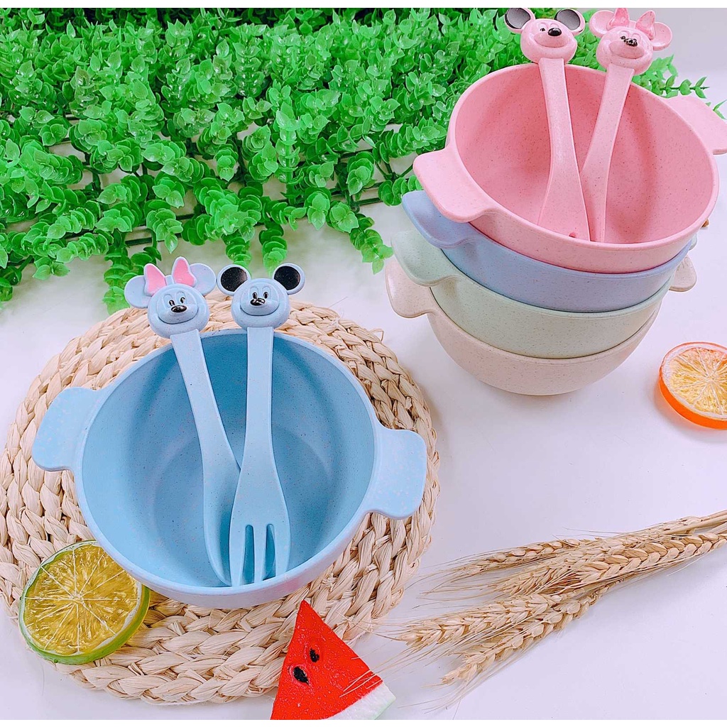 Bộ bát ăn dặm lúa mạch kèm thìa dĩa cho bé Spork Bowl loại dày dặn