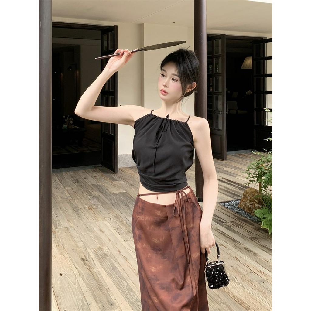 Set Áo Hai Dây + Chân Váy Lưng Cao Màu Đen / Màu Nhuộm Phong Cách Hàn Quốc Thời Trang Quyến Rũ Cho Nữ