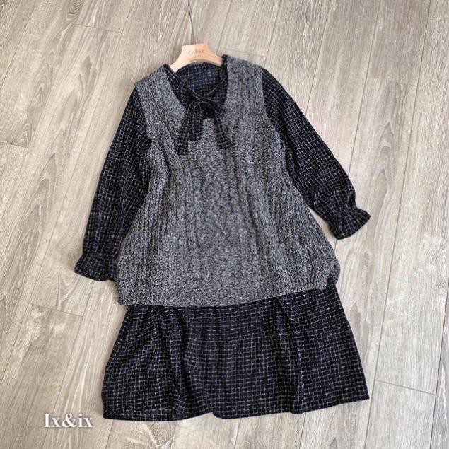 Váy Maxi Kẻ Phối Áo Gilê Len Gân Dáng Vintage Siêu Tây, Đầm Suông Đuôi Cá Tay Dài Bo Thun Phối Nơ Cổ Siêu Xinh. | BigBuy360 - bigbuy360.vn