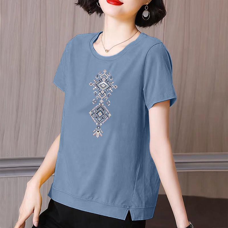 Áo thun cotton ngắn tay dáng rộng thời trang mùa hè cho phụ nữ trung niên