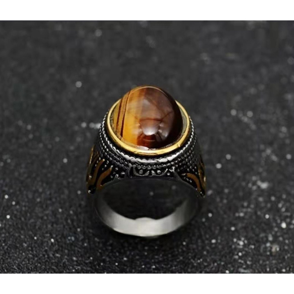 Nhẫn kim loại đính đá mắt hổ nhân tạo phong cách Âu Mỹ mới sang trọng cho nam và nữ
