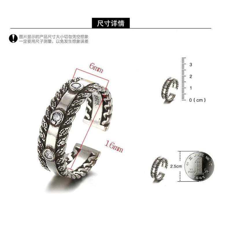 Nhẫn có thể điều chỉnh Bạc S925 La Mã Xoắn Dây Zircon Unisex Retro Màu đen Cổ điển Phong cách Cổ điển Đàn ông Phụ nữ Thời trang Đồ trang sức Tiệc cưới Phụ kiện đám cưới TYR5