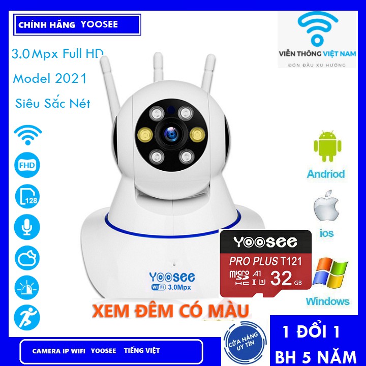 Camera Yoosee Camera Wifi 3 Râu 8 LED 3.0Mpx Full HD Xem đêm có màu kÈM THẺ 32GB