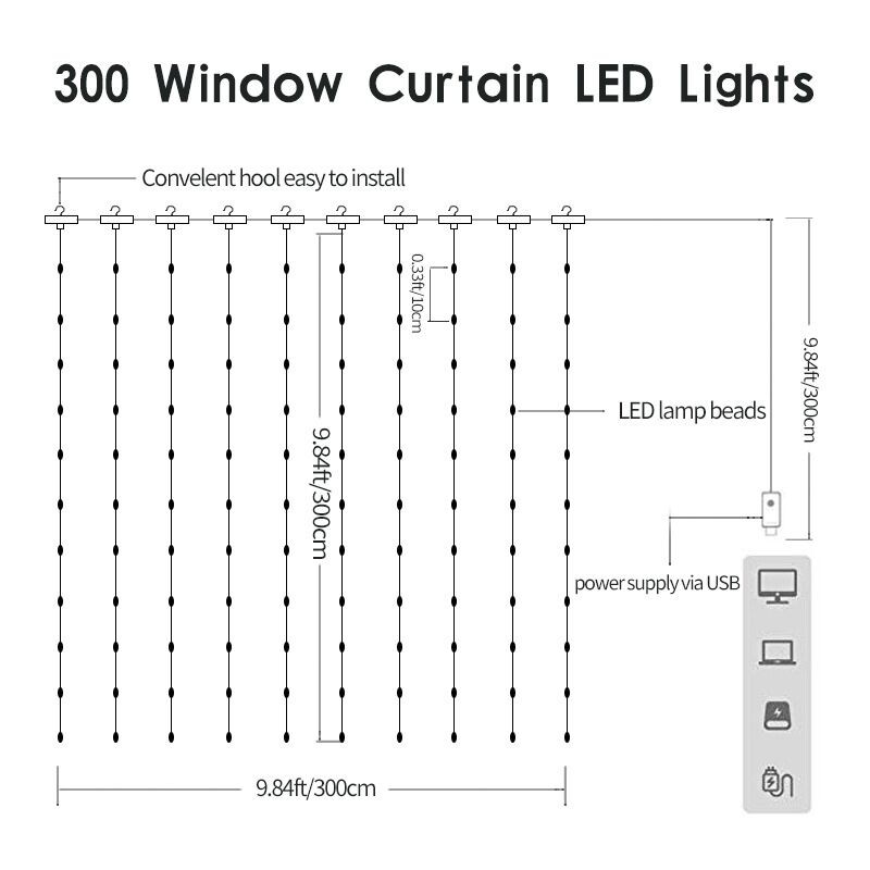 Waterproof 3m*3m 300PCS LED Remote Control LED Window Curtain String Lights Christmas Party 8 Modes Fairy Lights Courtyard Bedroom Decor USB Strip Lighting