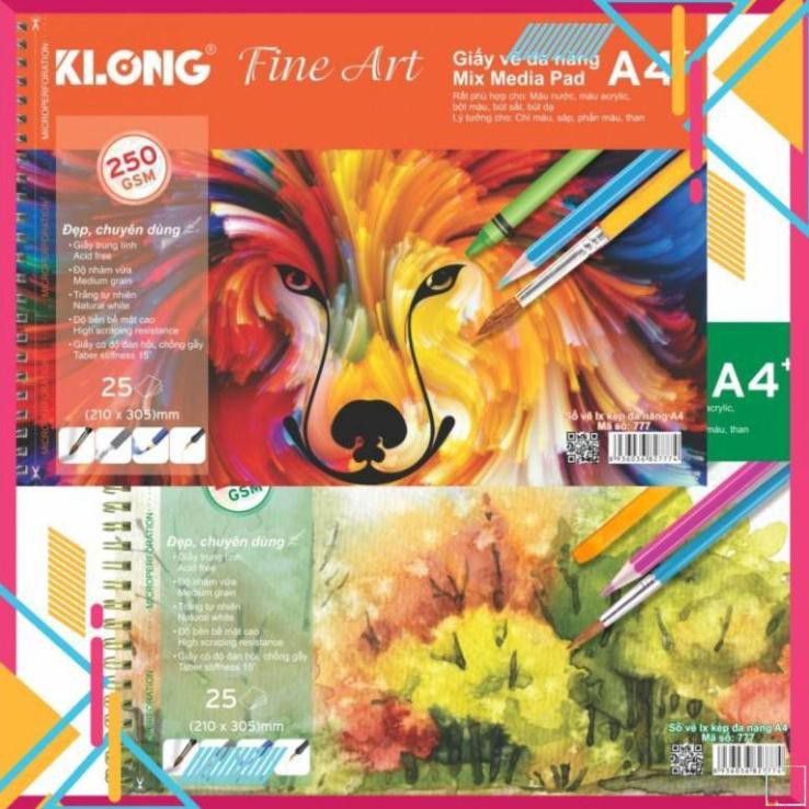 Sổ vẽ KLONG A4+ cao cấp lò xo kép xé 250GSM 25 tờ ms 777