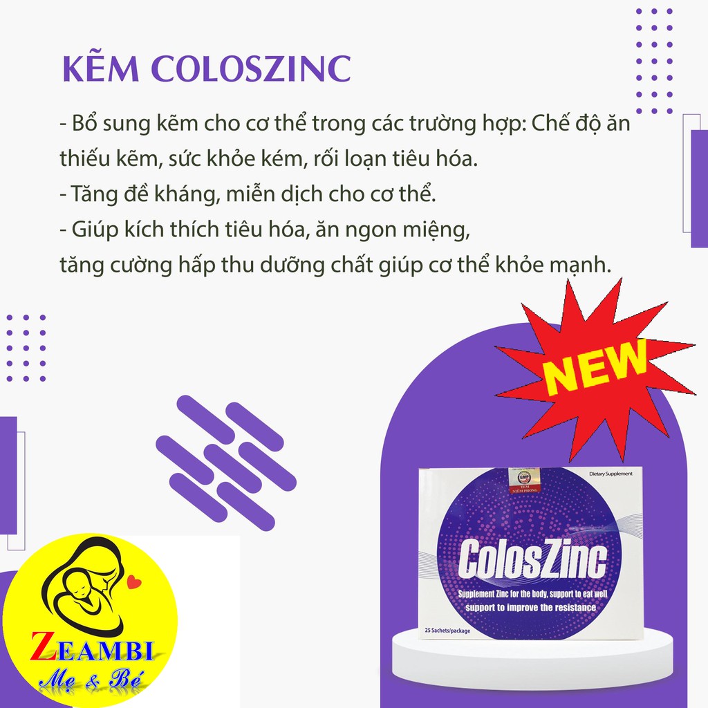 Kẽm COLOSZINC, Kẽm hữu cơ, Kẽm cho trẻ sơ sinh, Giúp trẻ ăn ngon, cải thiện biếng ăn, bất dung nạp lactose ( 25 gói )