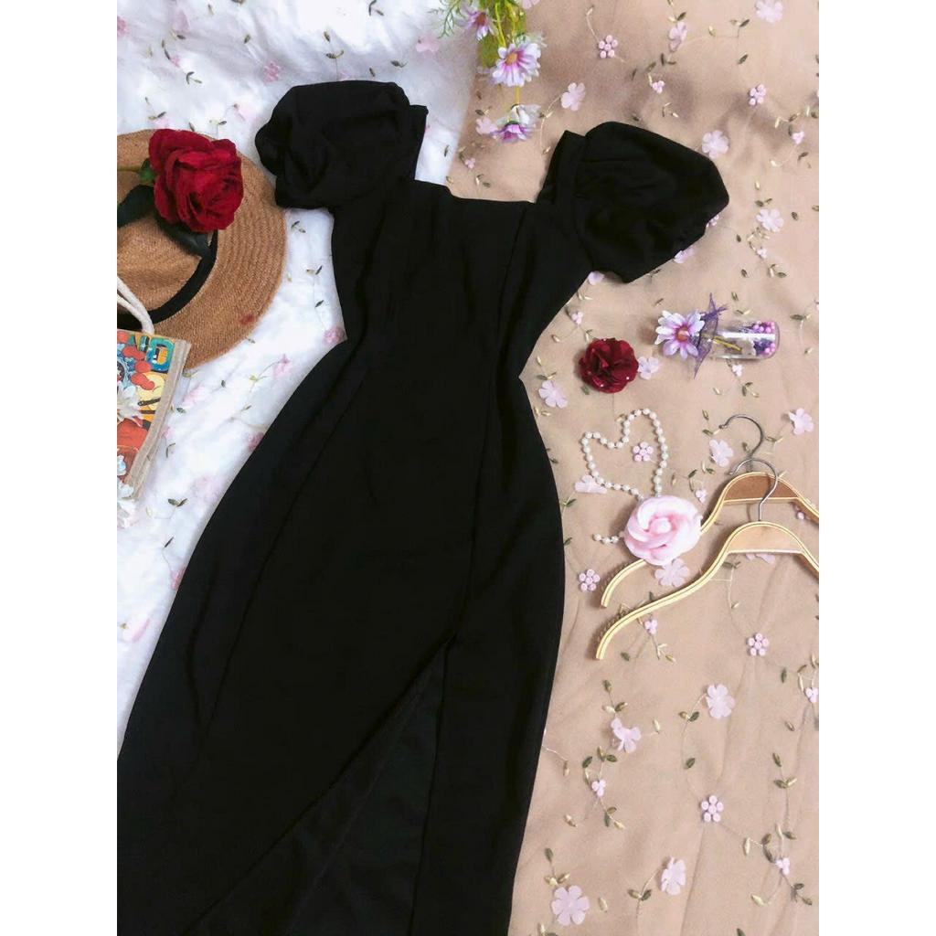 Váy đen dự tiệc body xẻ tà sexy đầm đẹp đi tiệc cưới tay bồng cổ vuông cổ tim dáng quyến rũ KN Boutique