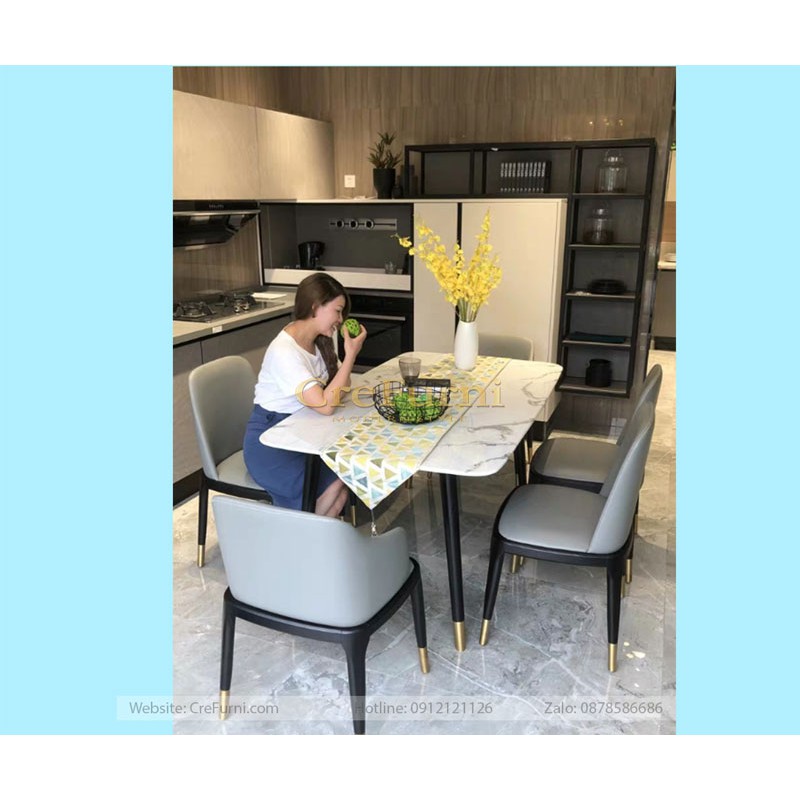 BÀN ĂN MẶT ĐÁ VÂN MÂY KHUNG HỢP KIM SƠN TĨNH ĐIỆN