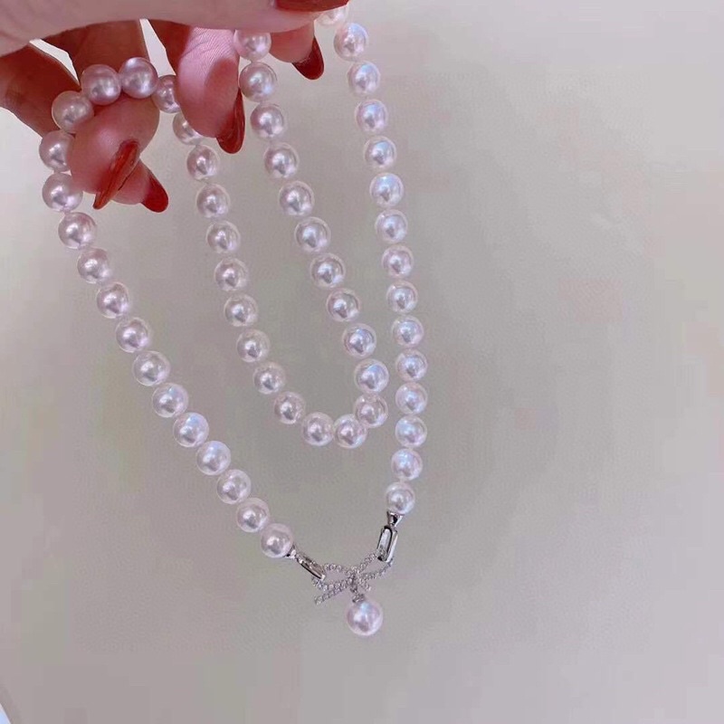 Dây chuyền hạt ngọc trai nhân tạo size 7-8ly khóa nơ bạc