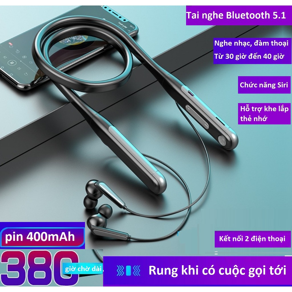 Tai Nghe Bluetooth 5,1 Có Rung, Pin lớn 400mAh Sử Dụng Lên Đến 40 Giờ ,Kết Nối 2 Điện Thoại, Có Khe Cắm Thẻ Nhớ.