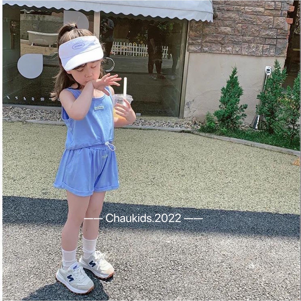 Bộ ba lỗ bé gái, áo croptop Essent sát nách kèm quần đùi chất cotton tàu mát mẻ cho bé