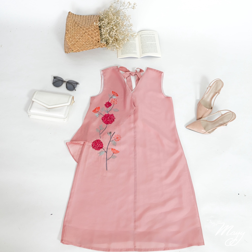 Đầm thiết kế cao cấp MAYY FASHION vải tơ organza dáng xuông thêu hoa Hồng Tú Cầu