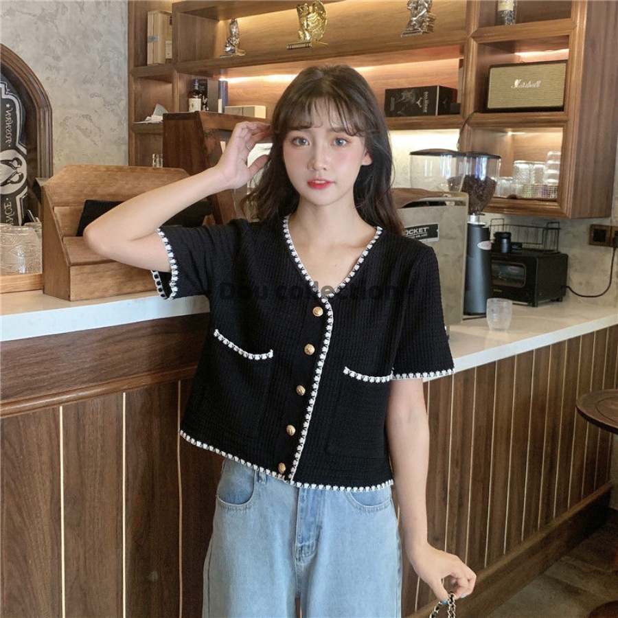 [Nowship2h] Áo Sơ Mi Cộc Dệt Kim Cao Cấp Tay Ngắn Cổ V, Áo Len Tay Ngắn Retro Phong Cách Hàn Quốc - Mã TA011