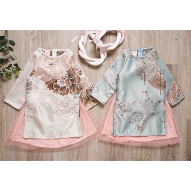 Áo dài gấm Nhật dệt hoa bé gái 7-24kg