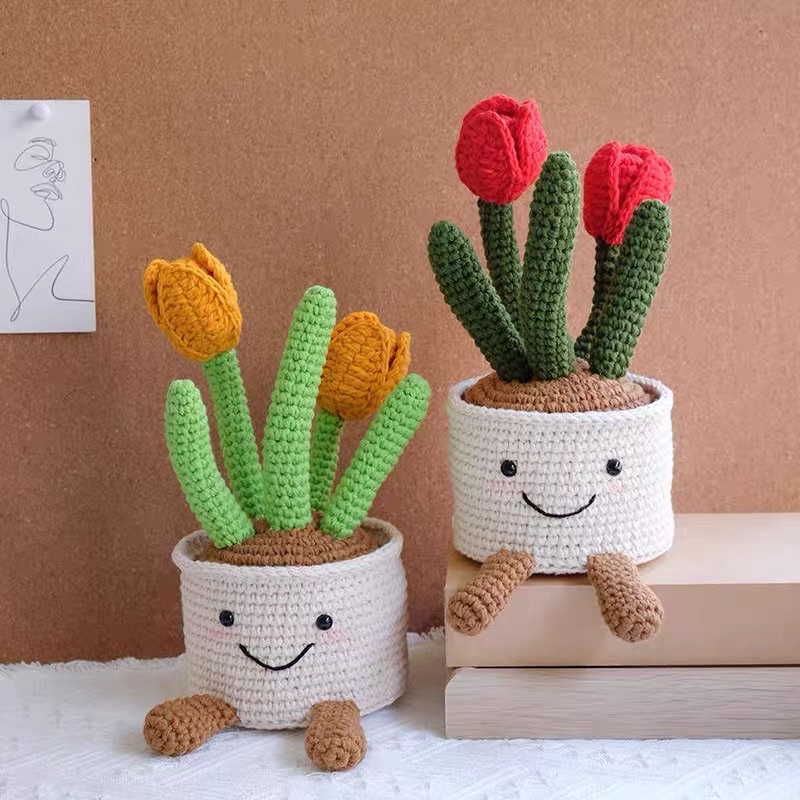 DIY Gói Nguyên Liệu Móc Chậu Hoa Len  hoa Tulip     - Quà Tặng Handmade Tự Làm Decor [Có hướng dẫn]