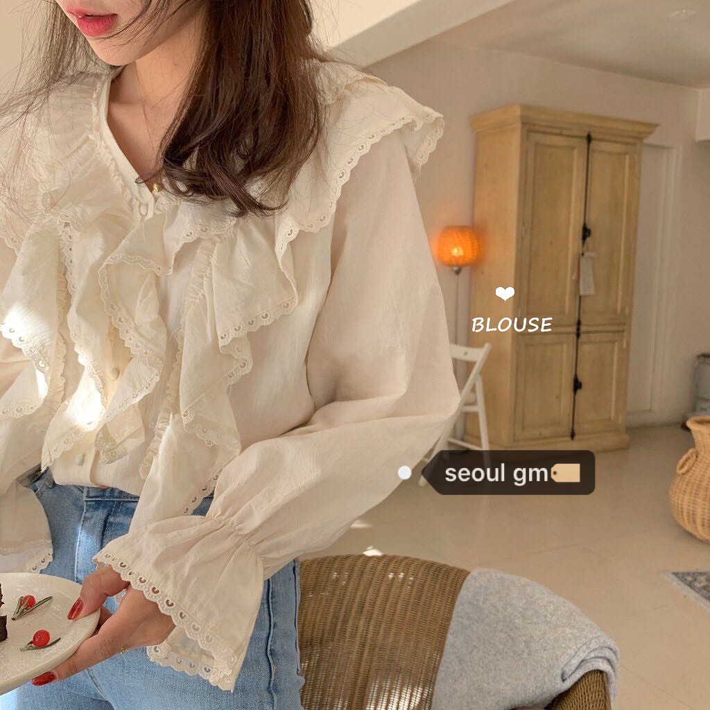 [HÀNG ORDER] Áo Blouse trắng họa tiết ren retro ngọt ngào style Hàn Quốc