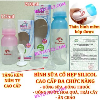 110ml/210ml - Bình sữa silicone kèm đầu thìa ăn dặm KICHILACHI cho bé (Công nghệ Nhật)