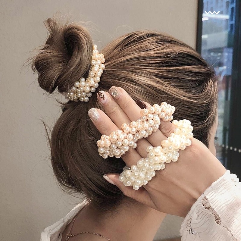 Dây Cột Tóc Co Giãn Đính Ngọc Trai Trắng Thời Trang Hàn Quốc Cho Nữ