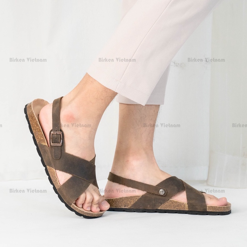 [ Lót Chống Nước ] DK11 - Sandal Birken Đế Trấu Thiết Kế Unisex Nam và Nữ Quai Dép Da Bò đan chéo chữ X Bioline Vitenam