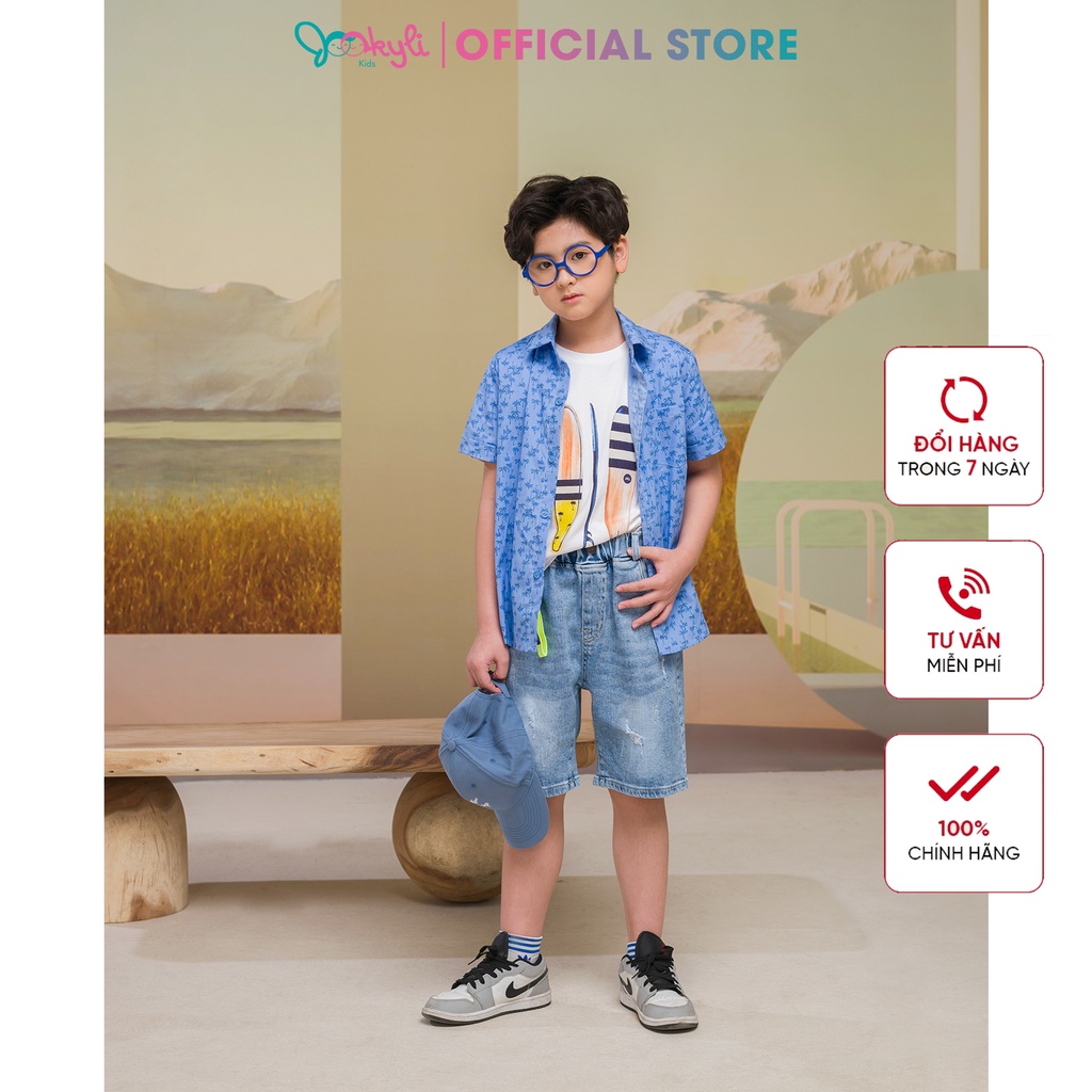 Áo sơ mi JOOKYLI bé trai màu xanh họa tiết 16B0551