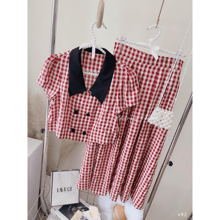 (FREE SHIP) Đầm Nữ Caro Nguyên Sét Áo Kèm Chân Váy Phối Cổ Sơ Mi Đen Siêu Xinh Hàng Cao Cấp