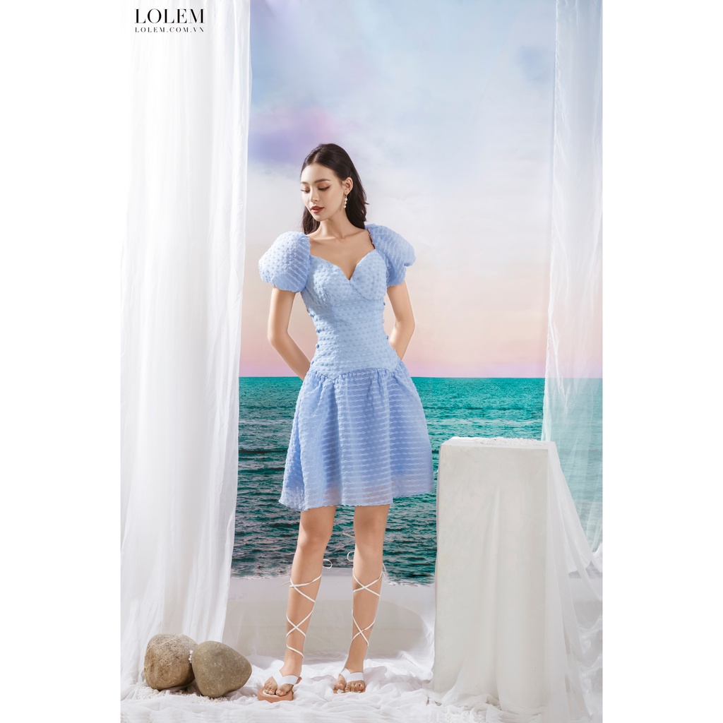 Đầm xòe tay phồng LOLEM DX329 cổ chữ V vải voan mát nhẹ
