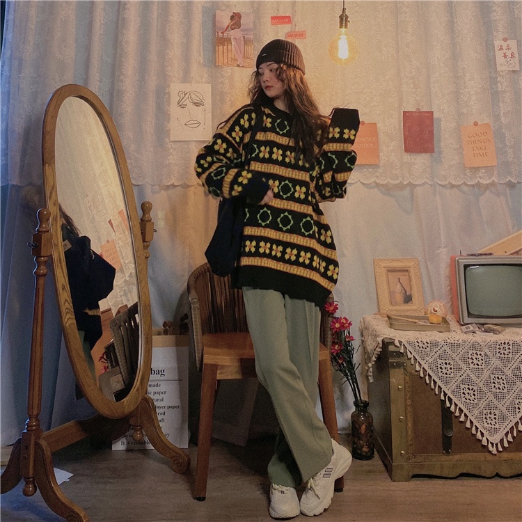 Áo len dáng rộng tay dài họa tiết sọc ngang phong cách vintage thời trang mùa thu cho nữ
