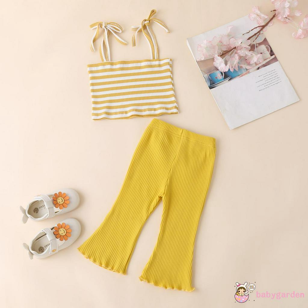 Áo Yếm Không Tay Kẻ Sọc + Quần Dài Co Dãn Cho Bé Gái