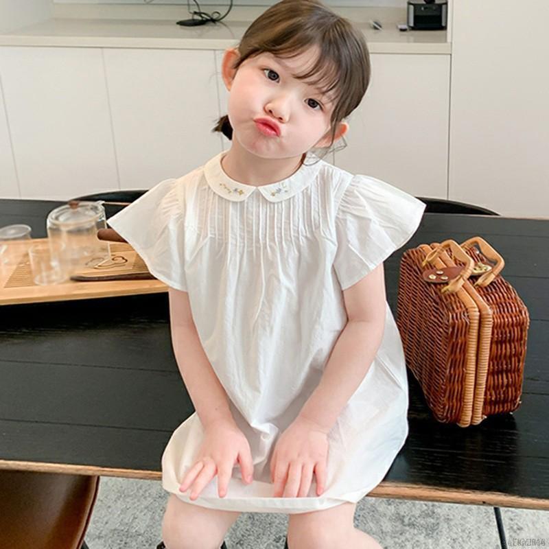 Đầm Phong Cách Hàn Quốc Thêu Viền Cổ Đáng Yêu Cho Bé Gái