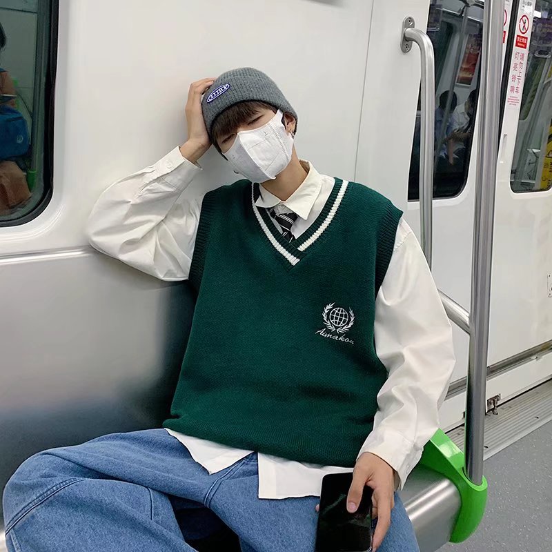 Áo Len Không Tay Dáng Rộng Họa Tiết Thêu Thời Trang Hàn Quốc Cho Nam