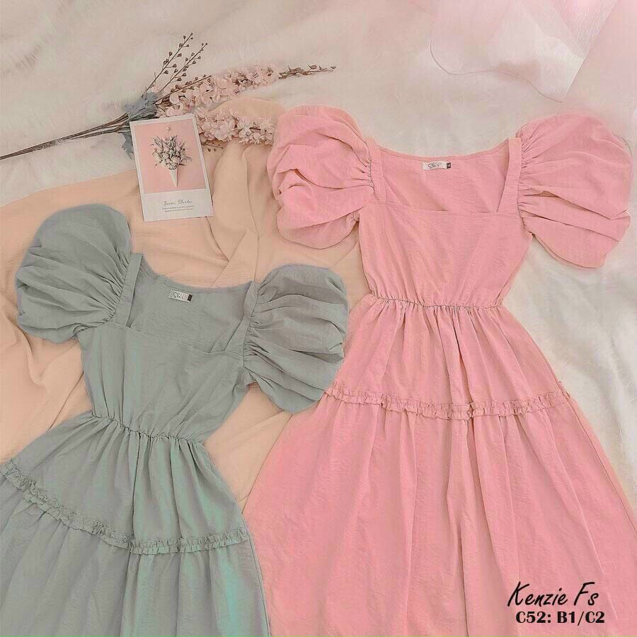 Đầm maxi nữ đi biển, đầm cổ vuông tay búp dáng xòe, váy suông babydoll rộng phối bèo, nàng bầu mặc được dễ thương