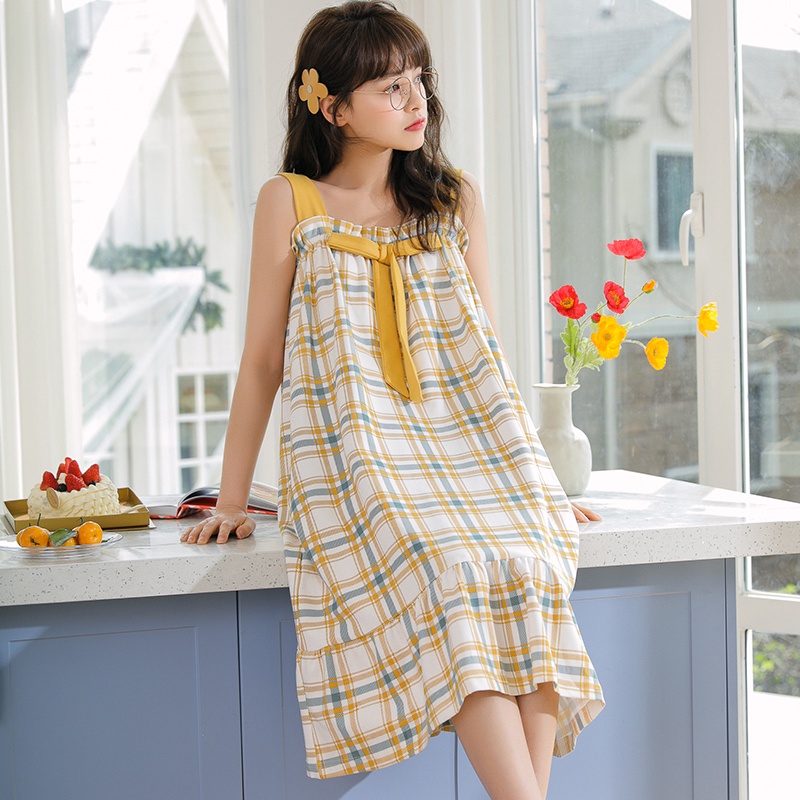 Váy ngủ 2 dây bản to kẻ xanh vàng