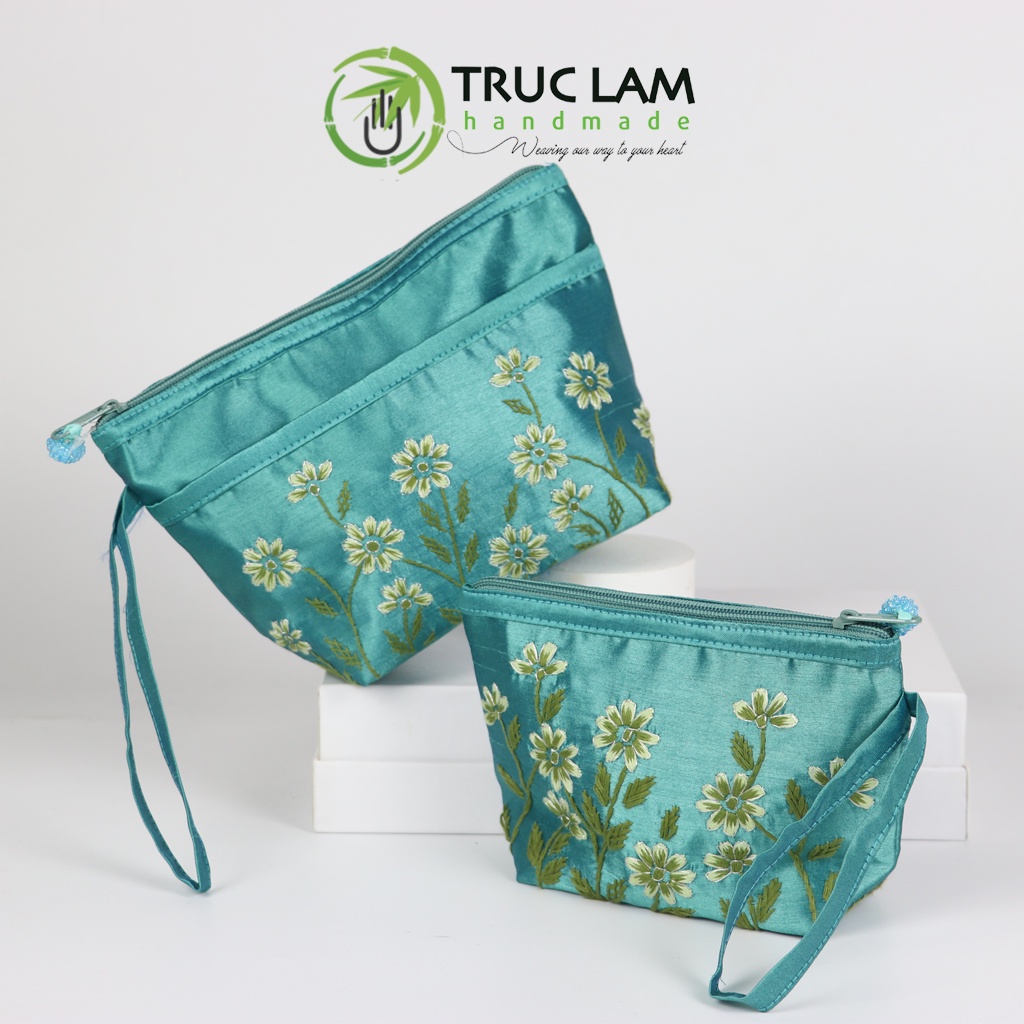 Ví Cầm Tay Nữ Vải Tafta Họa Tiết Hoa Cỏ Kim Tuyến Thêu Tay Set 2 Chiếc Thêu 2 Mặt - Trúc Lâm Handmade