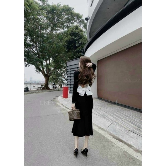 [HOT] Đầm Body Tay Dài tiểu thư Ngực phối viền bèo kèm hình thật sàn có 3 màu Đen, Đỏ và Xanh