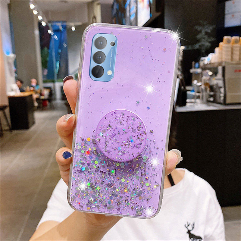 Glitter Bling Sequins Case Soft Silicone TPU Mirror Stand Holder Back Cover casing OPPO A15 A15s Reno 5 4G A12 A31 A52 A92 A93 A33 A53 A5 A9 2020