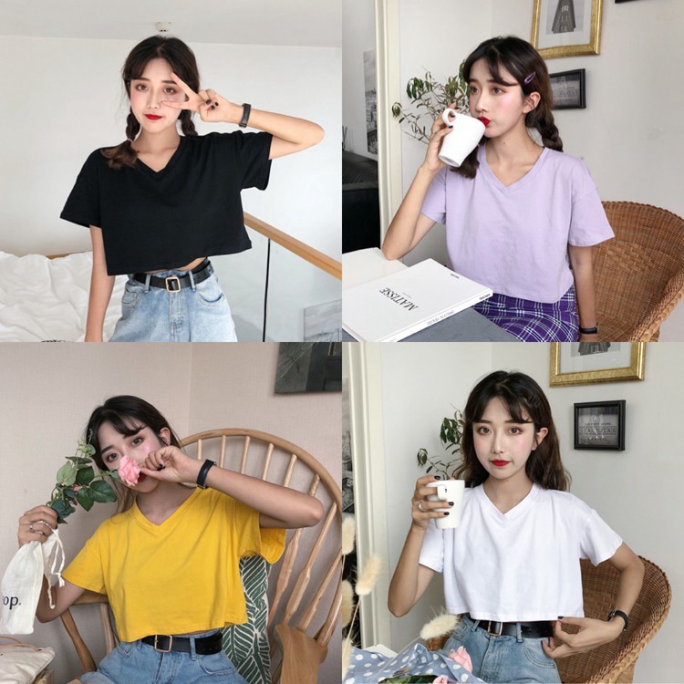 Áo Thun Croptop Cổ Tim 🌟 Áo Croptop Nữ Cổ V Tay Lỡ Form Rộng Chất Cotton Mịn Xịn | BigBuy360 - bigbuy360.vn