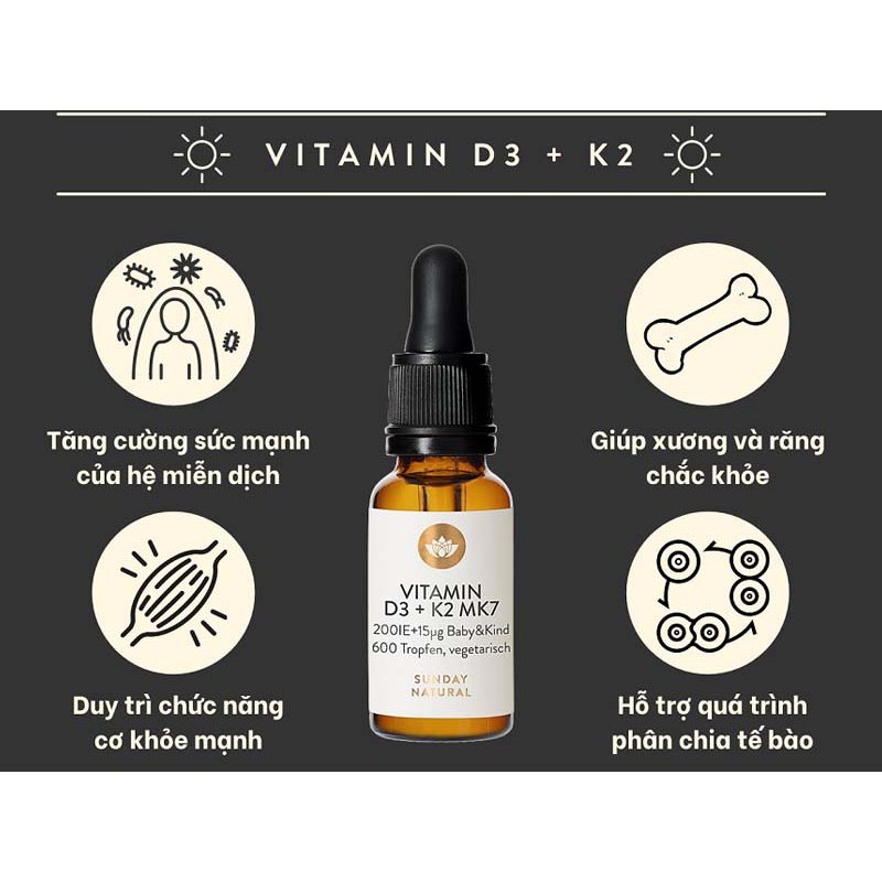 Vitamin D3 K2 MK7 Sunday Narural 20ml, vitamin tăng trưởng chiều cao cho bé - Monnie kids