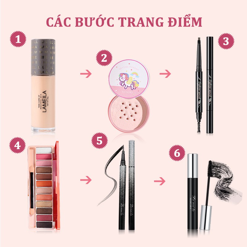 Bộ mỹ phẩm 6 món cơ bản giá tốt - Kem BB+Phấn trang điểm+Bảng phấn mắt 8 màu+Chì kẻ mày đen+Kẻ mắt+Mascara-HGLML-T6