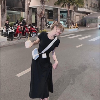 Váy maxi thun tăm cổ tròn xẻ bên