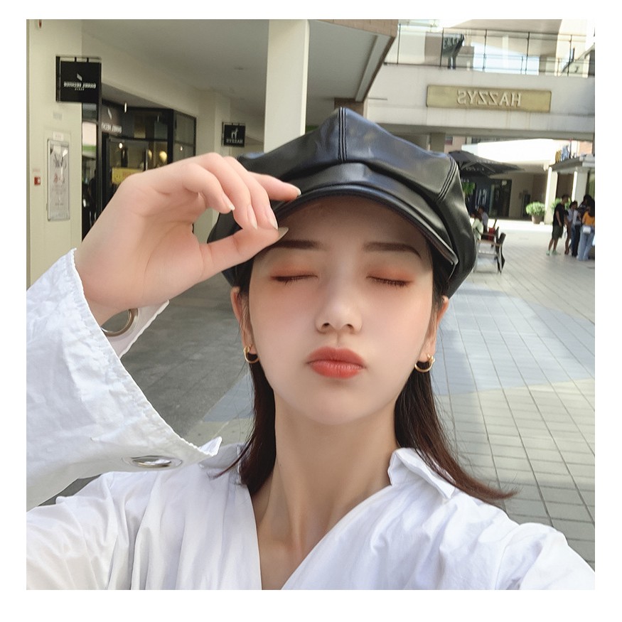 Mũ nồi da Baker Boy Nón beret da PU Bóng Cá tính Ulzzang Hàn Quốc Thủy thủ Thời trang