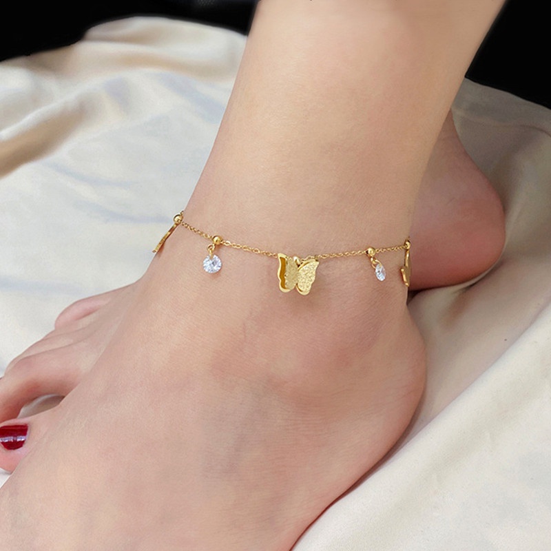 Lắc chân nữ 100% TITAN NGUYÊN CHẤT bướm KHÔNG GỈ mạ vàng 18k trang sức nữ đẹp thời trang