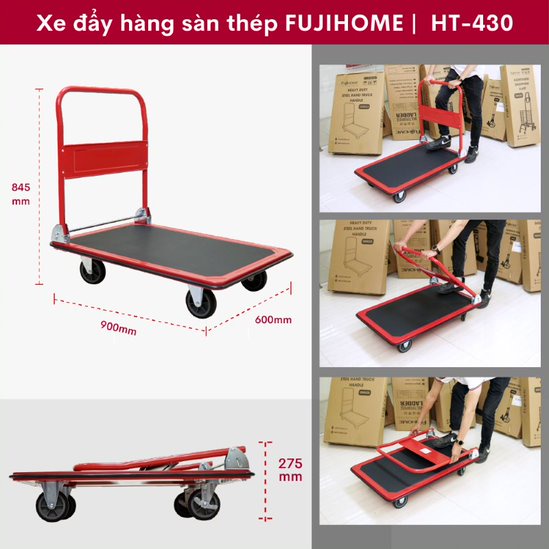 Xe đẩy hàng 4 bánh gấp gọn chở 300kg nhập khẩu FUJIHOME HT-430 bánh cao su không ồn, xe kéo hàng gấp gọn đa năng giá rẻ