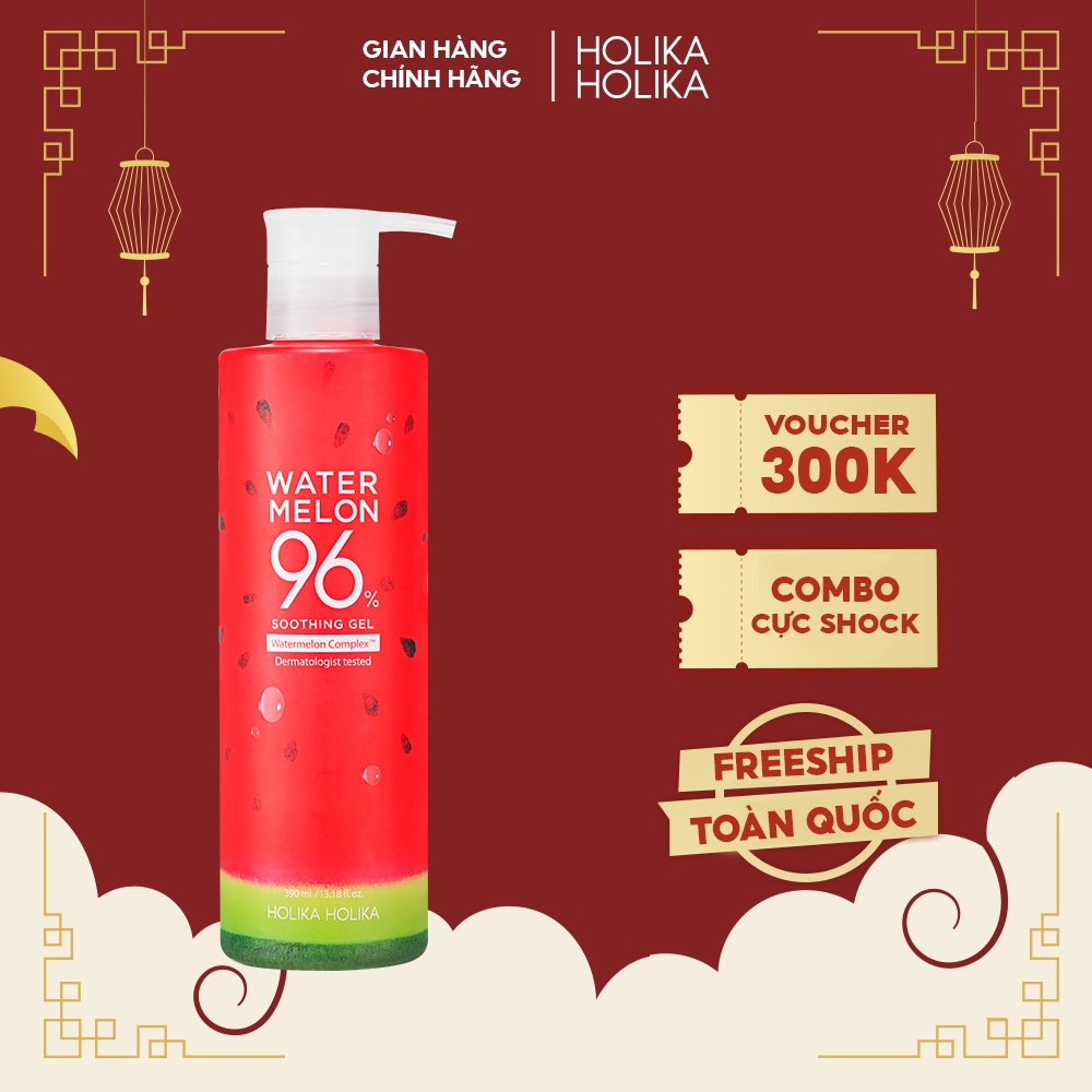 Gel dưỡng da đa năng chiết xuất dưa hấu Hàn Quốc Holika Holika Watermelon 96% làm dịu da cấp ẩm chống cháy nắng 390ml