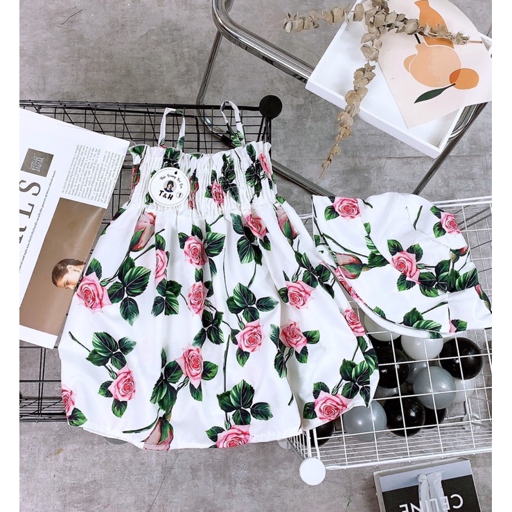 Váy voan hoa maxi kèm mũ cho bé gái