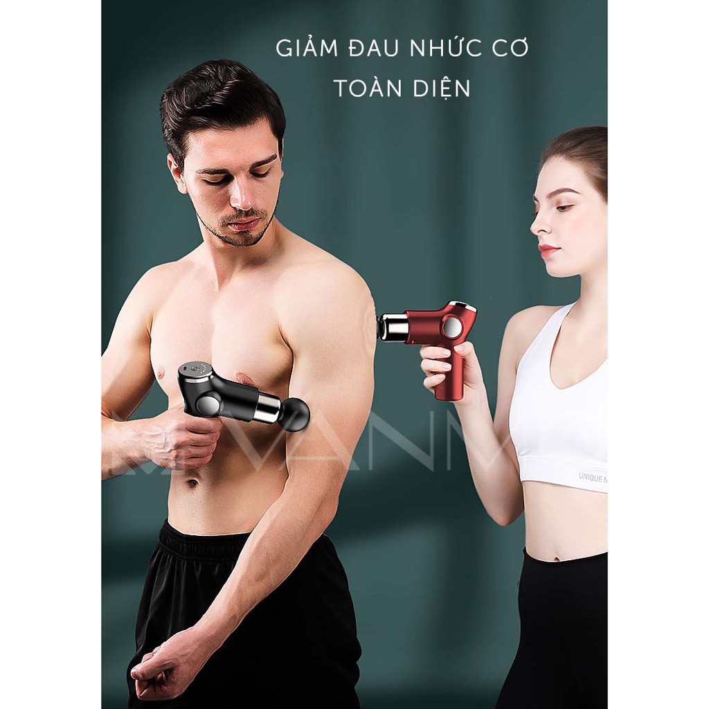 Súng Massage Fascial Gun Mini Cầm Tay 4 Đầu 6 Chế Độ Giảm Căng Cơ Trị Nhức Mỏi