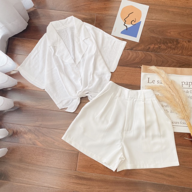 SET TRẮNG SƠMI THẮT NƠ + SHORT