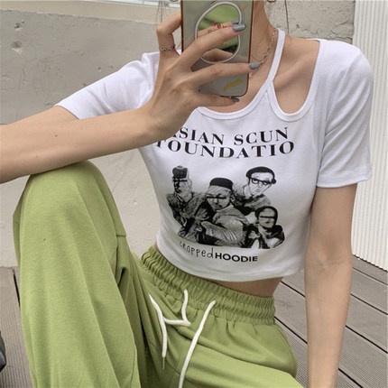 Áo Thun Croptop Ngắn Tay Form Ôm In Họa Tiết Phong Cách Vintage