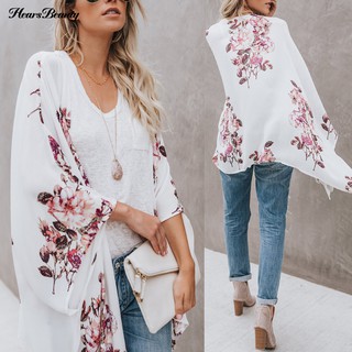 Áo khoác kimono tay dài hoạ tiết hoa chất chiffon thời trang đi biển cho phái nữ