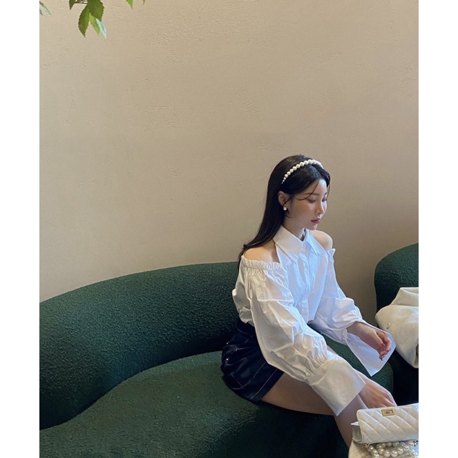 Áo sơ mi cổ đức hở vai bèo TVOGUE dài tay chất lụa thô lên dáng siêu sang chảnh , tiểu thư